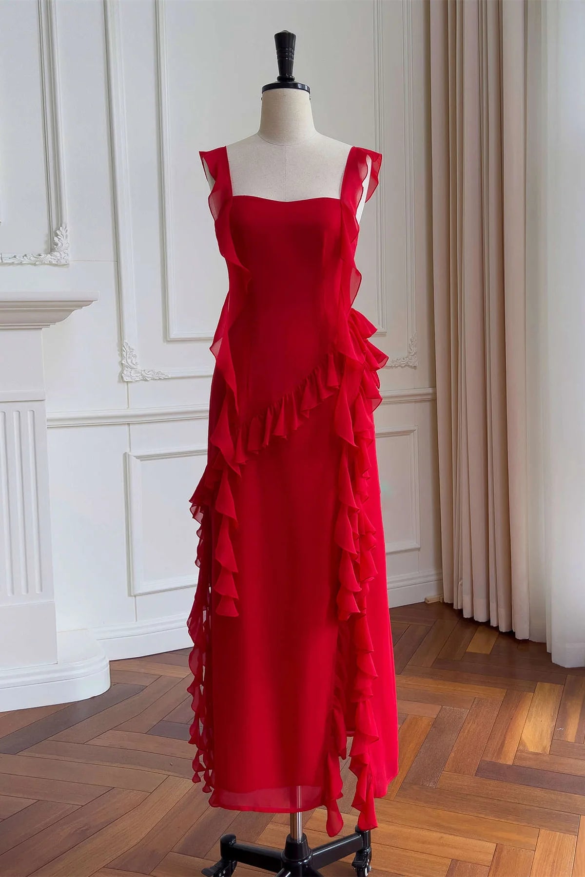 Vestidos formales/Vestido largo de fiesta de gasa con cuello cuadrado y volantes rojos Vestido de graduación/Tiendas de vestidos de graduación